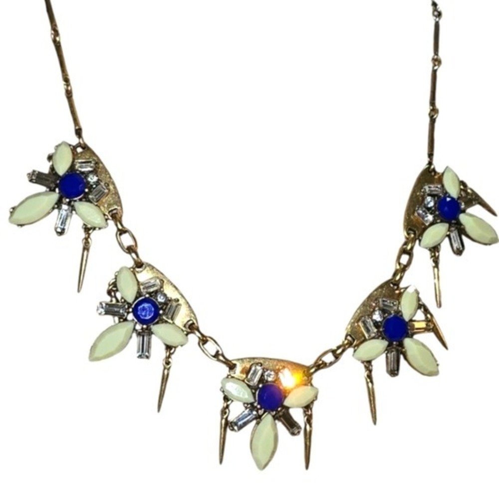 J. Crew Blue Cream Floral Spike Statement Bib Necklace Gold Tone Crystal Edgy